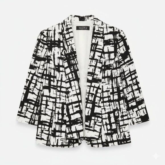 Kasper Jackets & Blazers - Kasper Monochrome Grid Pattern Blazer - Black & White Geometric - Size 10